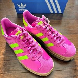 adidas Gazelle Bold Shoes in the Semi Lucid Fuchsia / Solar Slime / Gold Metalli